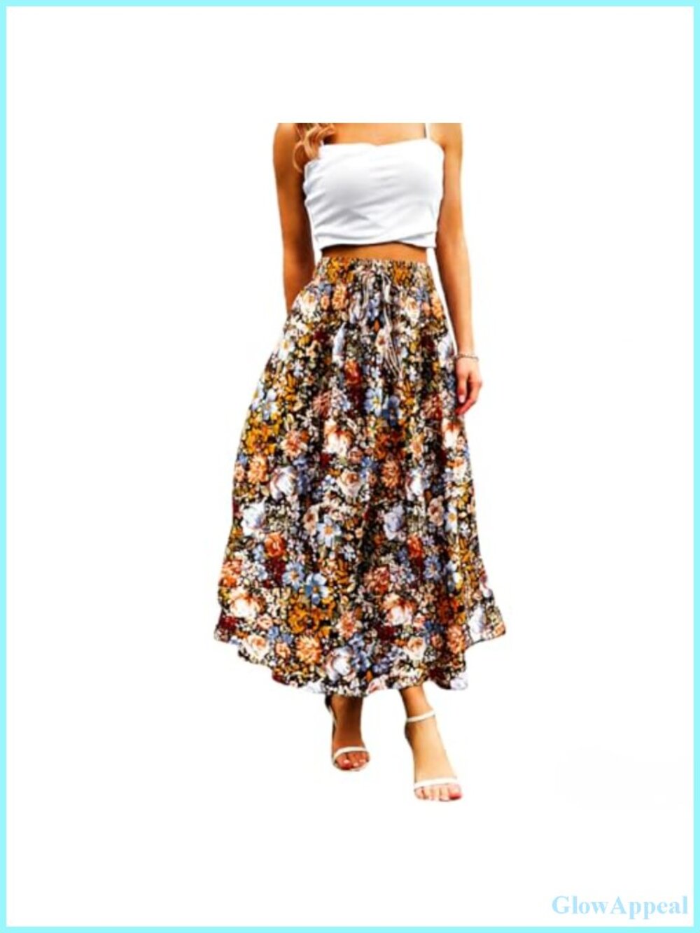 Women's Floral Maxi Skirt with Pockets Midi Length Flowy A-Line